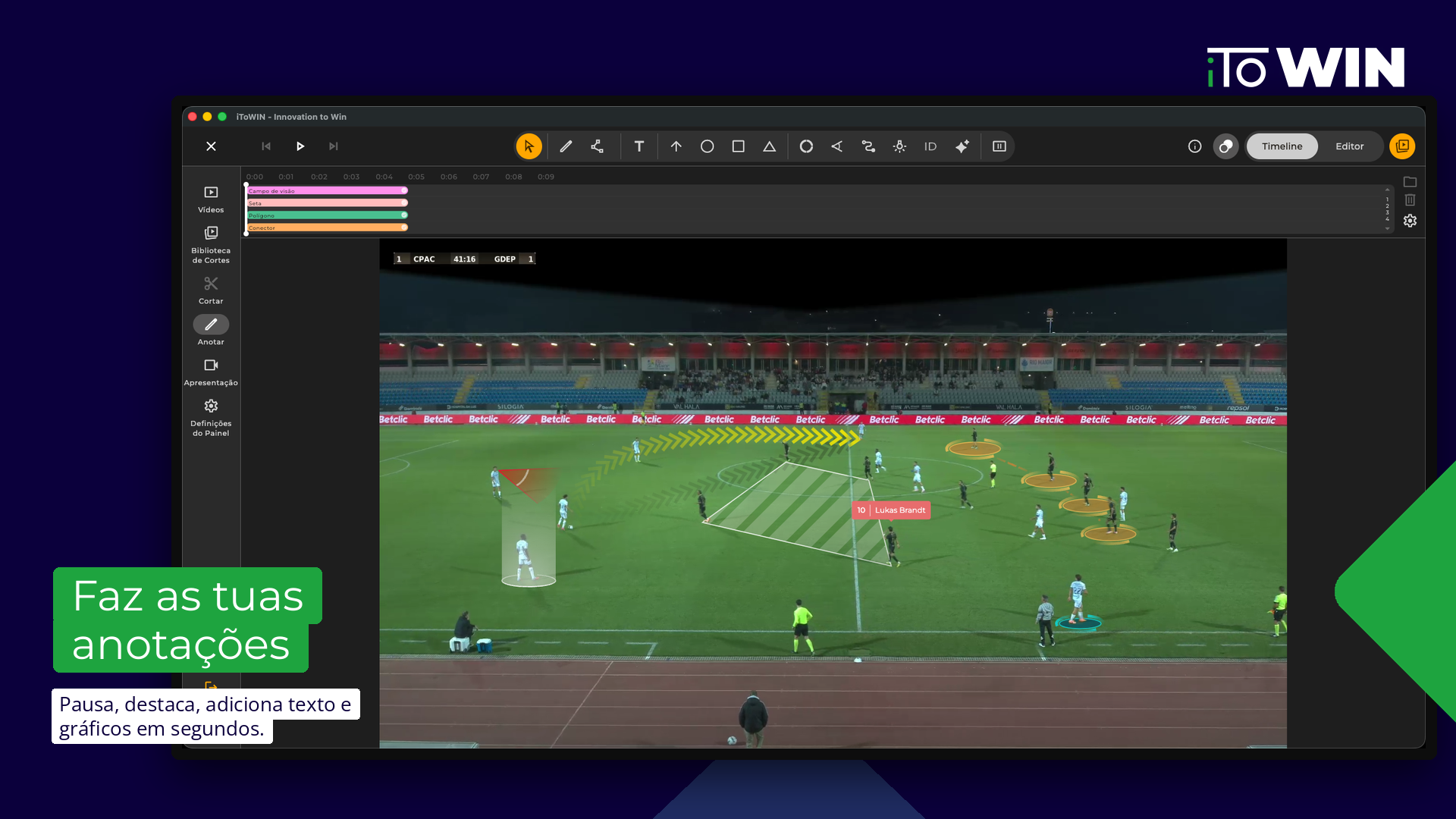 Clip de vídeo com anotações no iToWIN Match Analysis